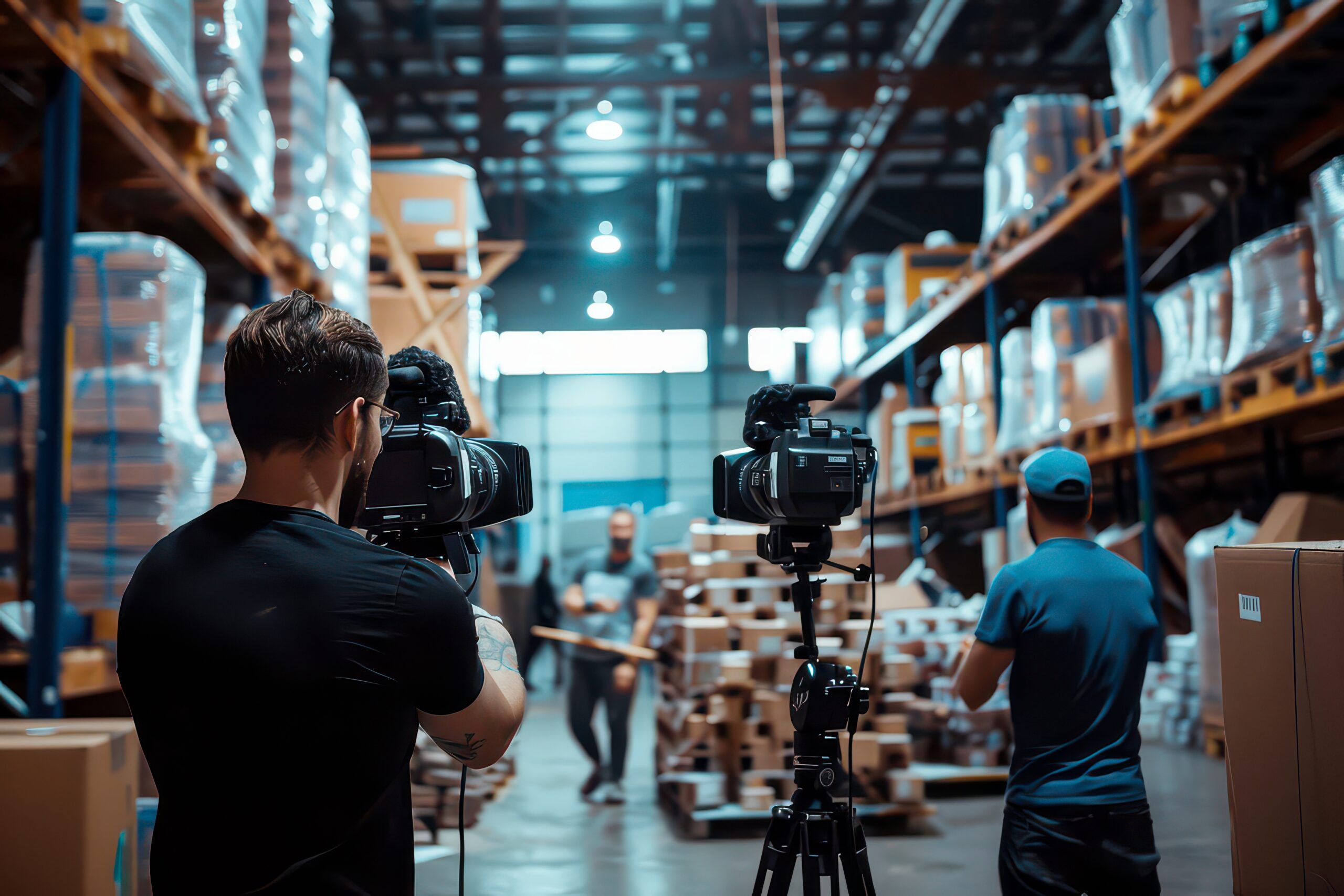 A team of marketers filming a promotional video in a bright warehouse. Stacks of product boxes create a dynamic background for a creative marketing project.