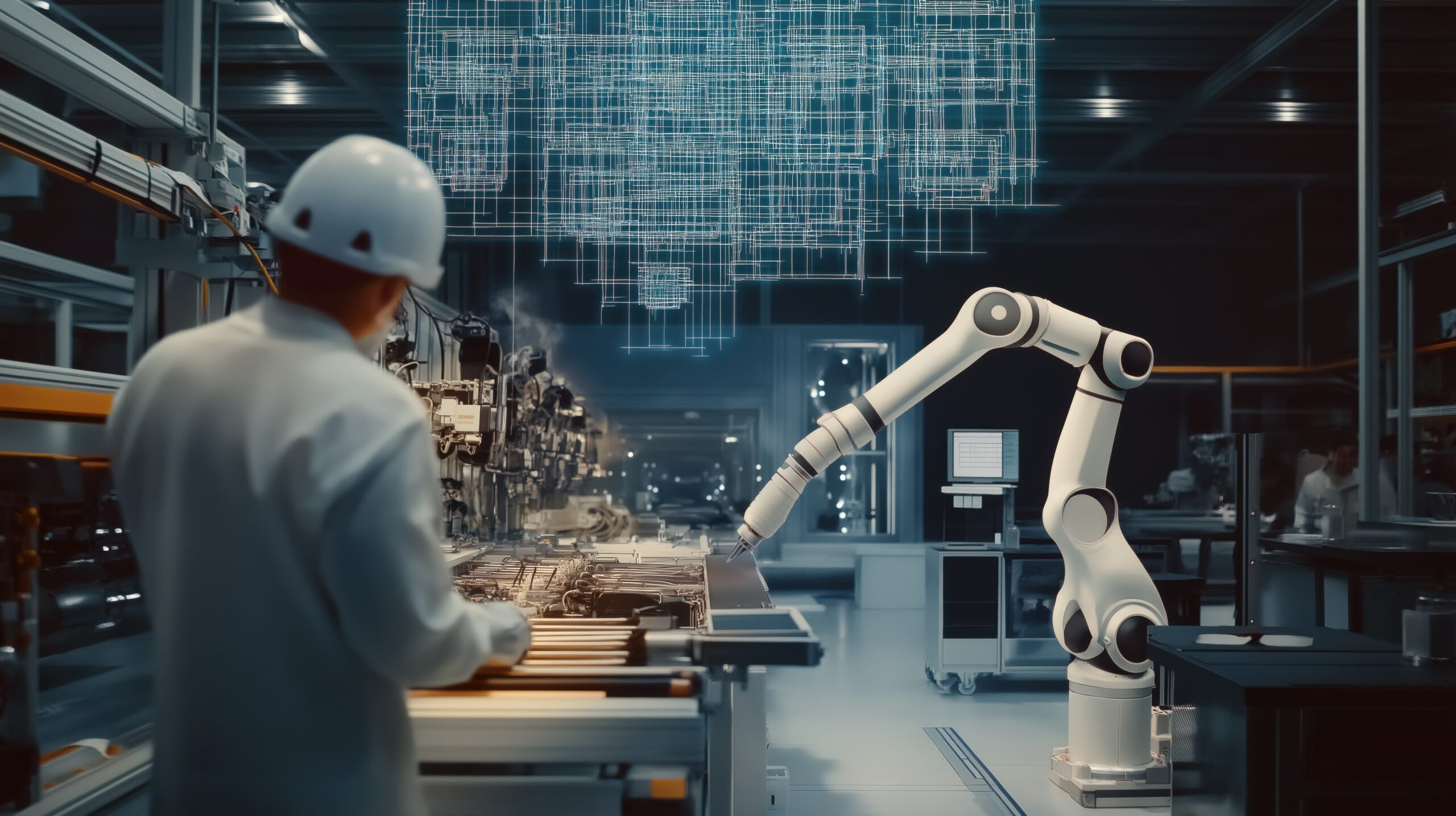 AI-controlled factory robots and humans work side-by-side, optimizing production innovation digital blueprints floating above guiding entire operation