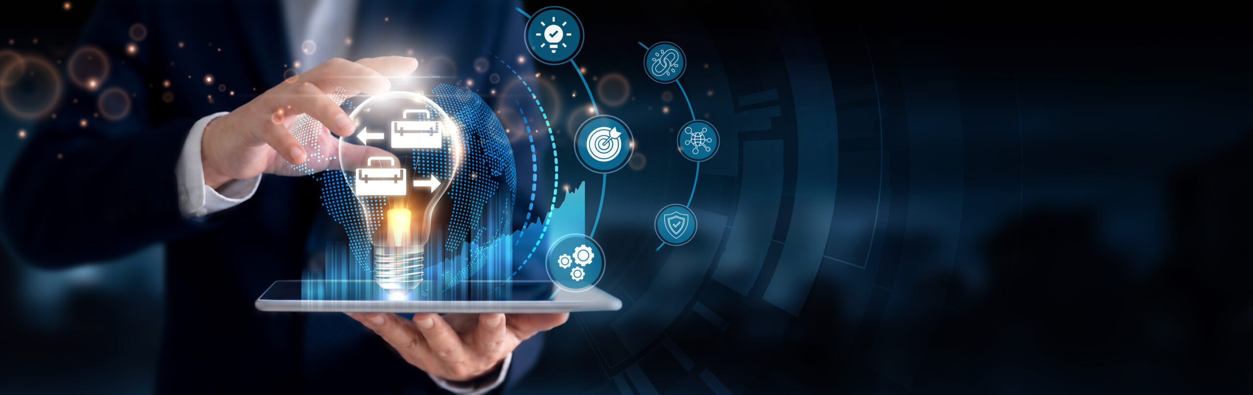 Businessman using a tablet to analyze Business-to-Business data and digital innovation. B2B solutions, corporate partnerships, client engagement, commercial strategy, business networking.